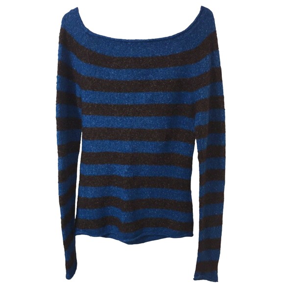 BCBGMAXAZRIA Women Pullover Fuzzy Sweater Striped Wool Blend Blue Black Sz L - Picture 1 of 6